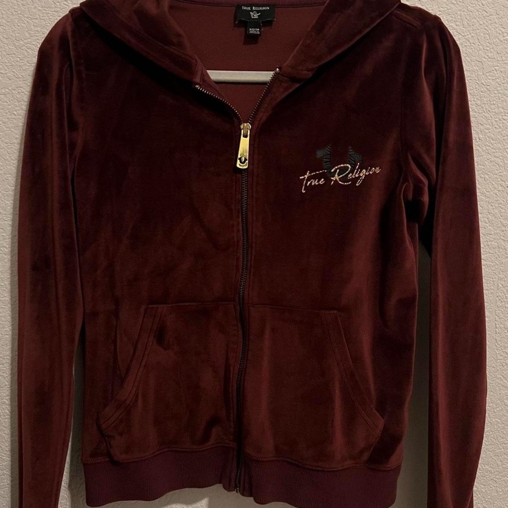 Burgundy velvet zip up brand True Religion